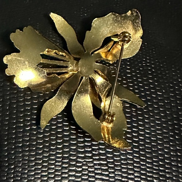 Vintage gold-plated burgundy/blue cloisonne enamel orchid broach - Picture 5 of 10